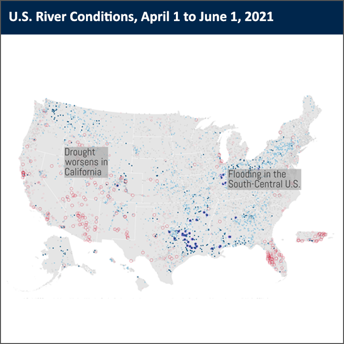 Map showing national high and low streamflow conditions, with event notations