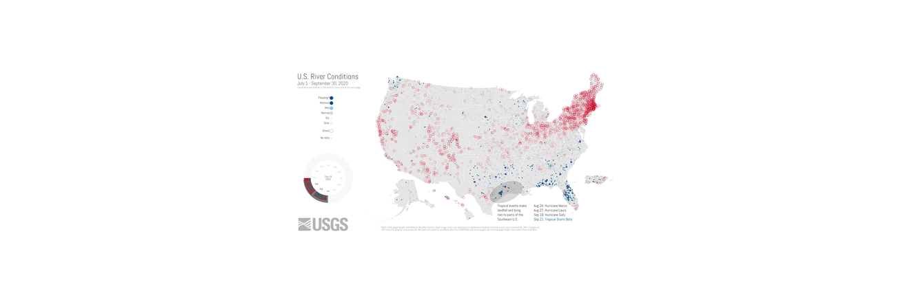 Screenshot of an animation showing changing hydrologic conditions at USGS gage locations from July to Sept, 2020