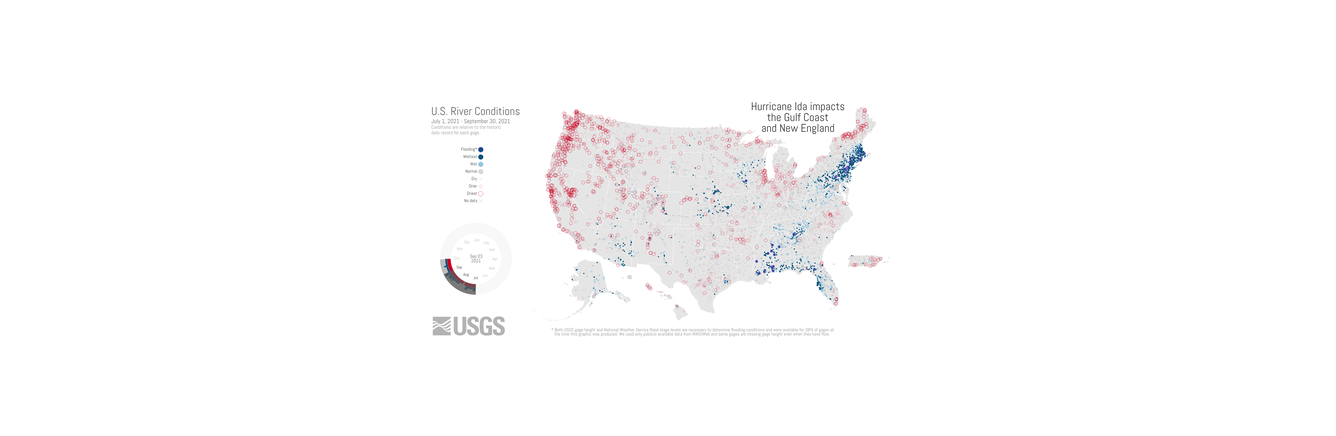 Screenshot of an animation showing changing hydrologic conditions at USGS gage locations from July to September, 2021