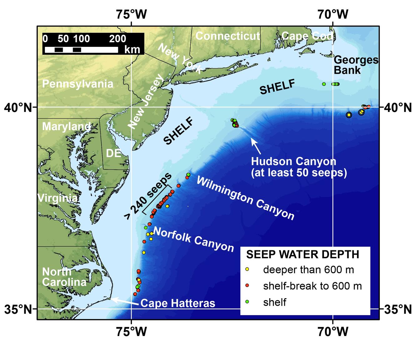 Map of the northern US Atlantic margin showing the locations of newly-discovered methane seeps