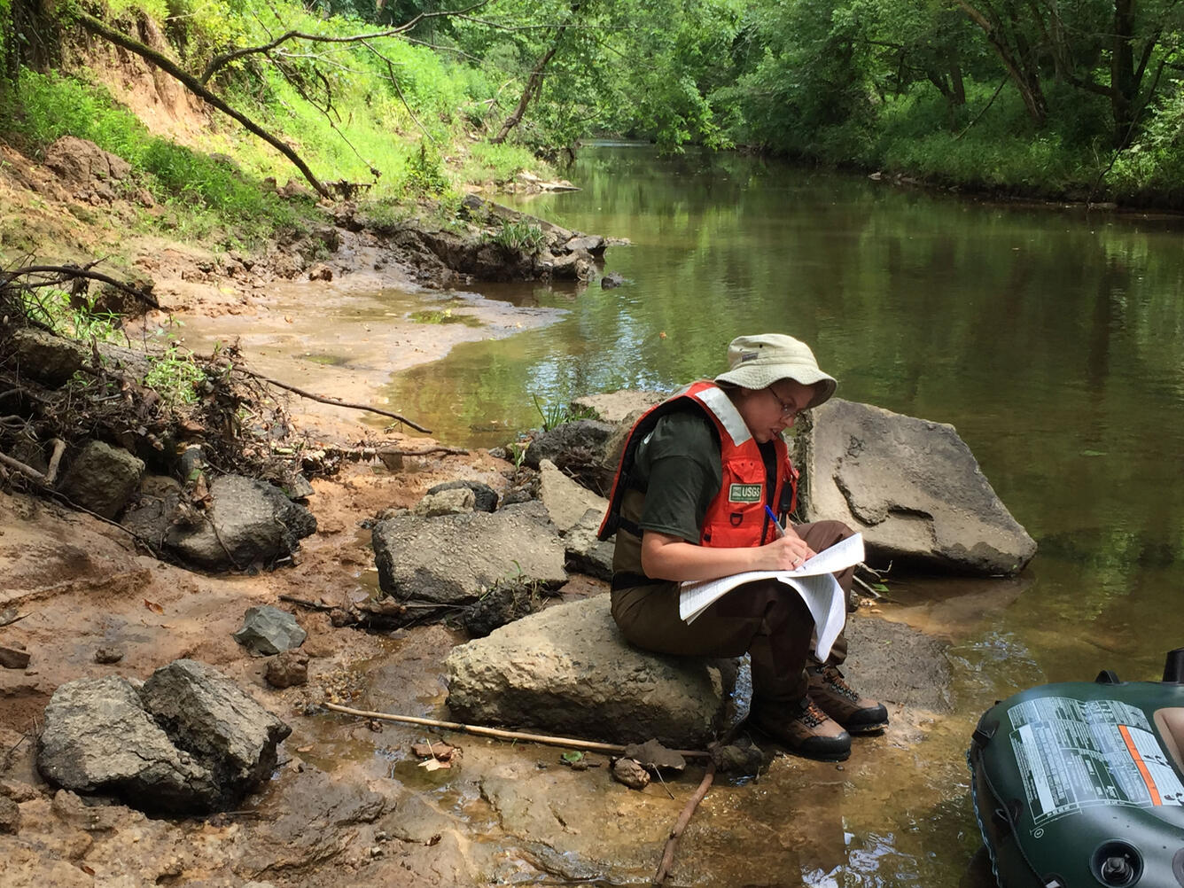 USGS scientist recording at Ellerbe Creek, Durham, NC