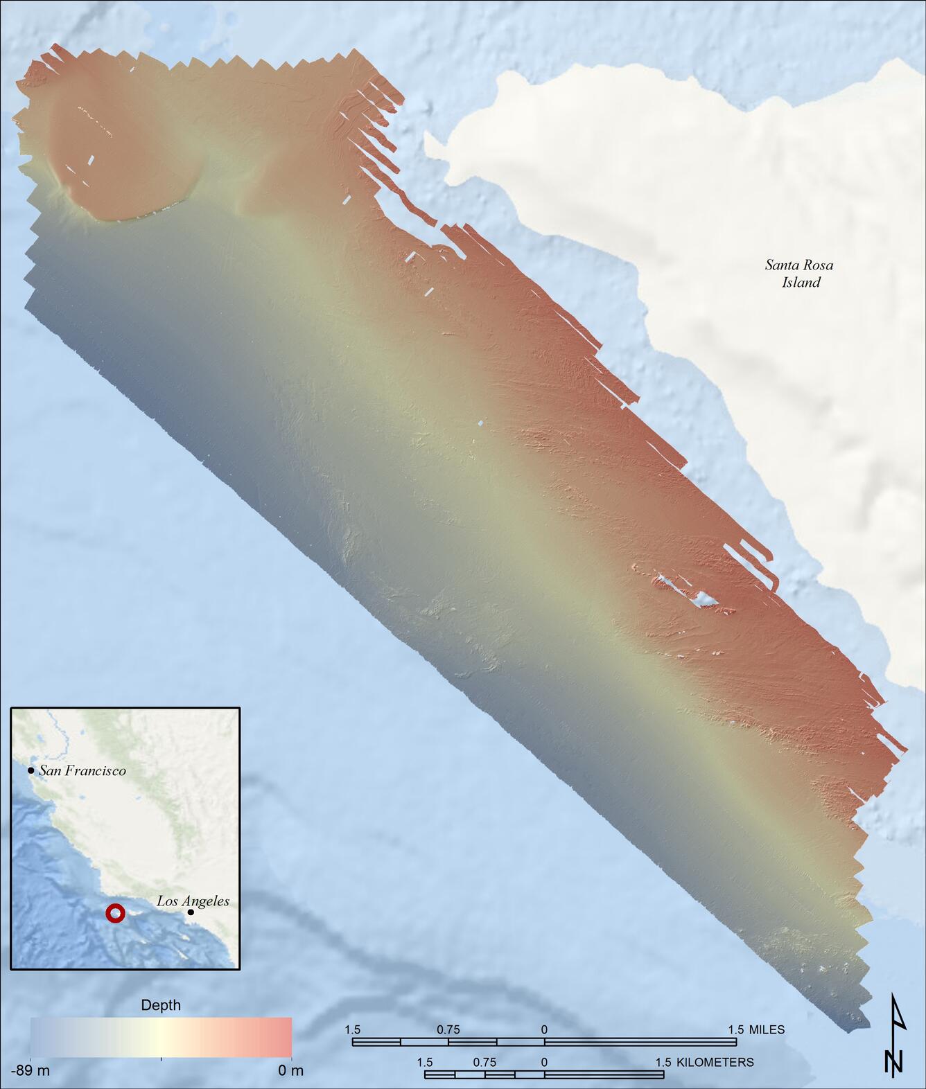 Illustrative map of the seashore that shows seafloor features near an island and offshore of Los Angeles.