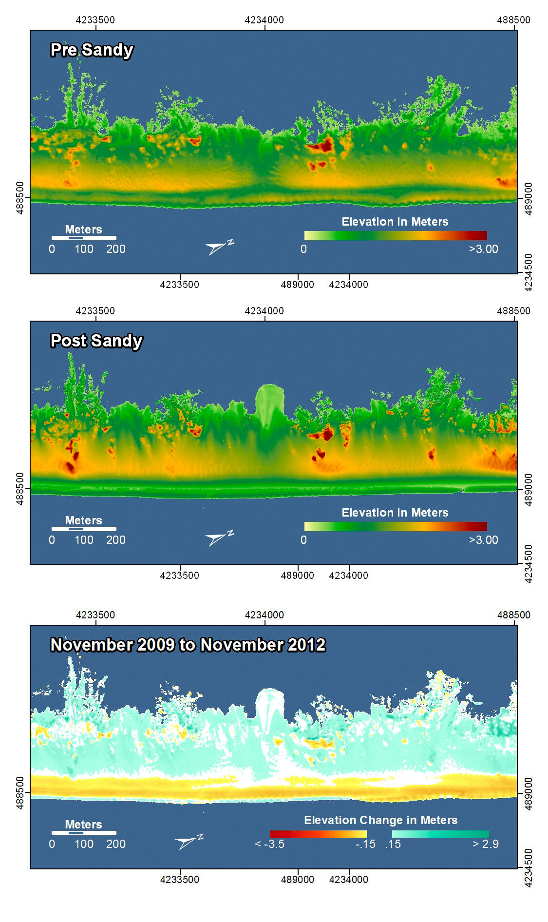 Beach erosion and overwash deposition occurred uniformly along this section of the barrier island.