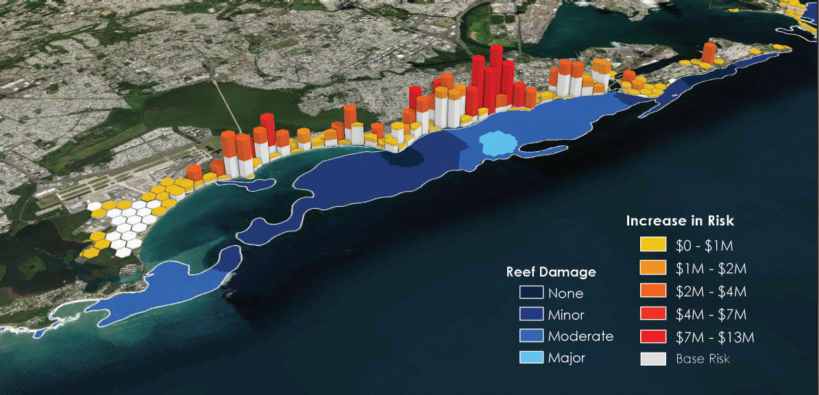 Map of a coastal area with areas defining where coral reef damage occurred and the resulting damage estimates.