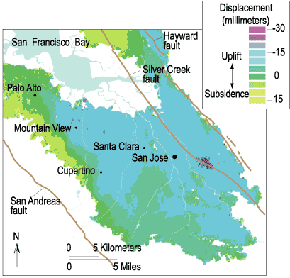 Map of uplift and subsidence in the Santa Clara Valley, shaded by millimeters of displacement