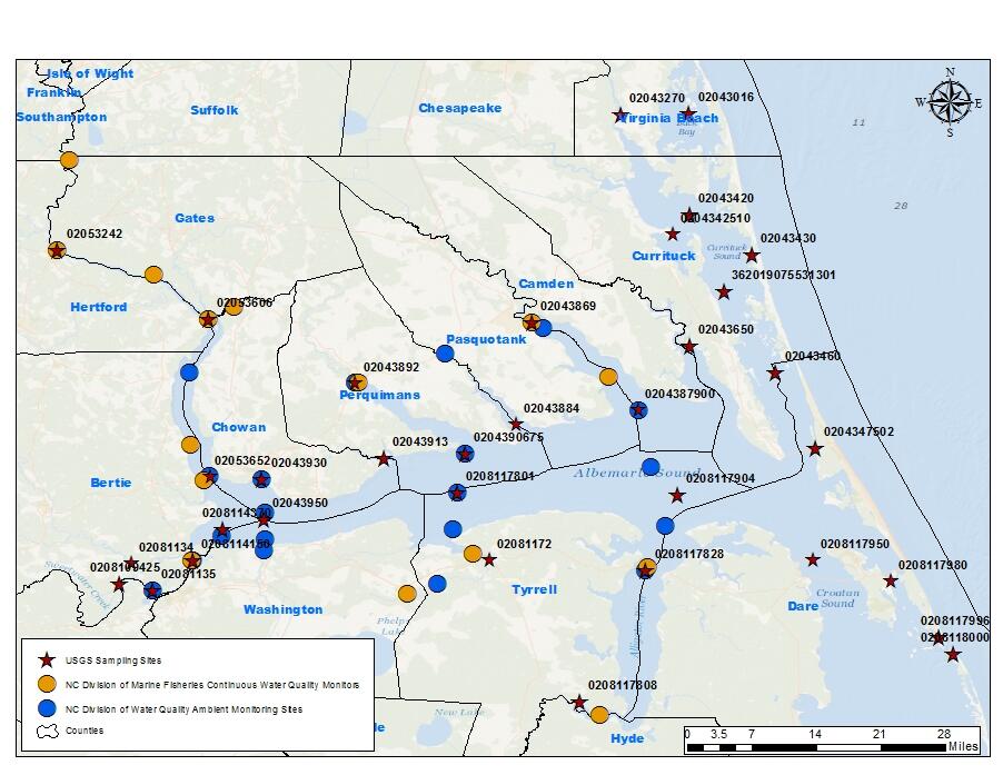 Sites sampled for phytoplankton in Summer of 2012. Sites were co-located with exisiting monitoring sites maintained by the state