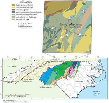 Map of GMH Electronics Superfund Site location and surrounding geology