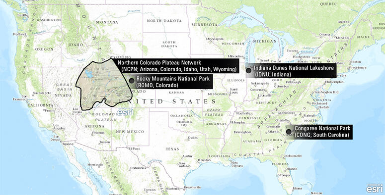 Map of ongoing project locations in U.S. National Parks, Assessing Endocrine Disrupting Chemicals Risk