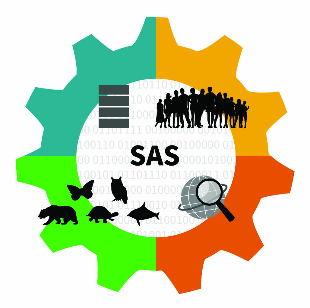 Colored gear and icons representing Science Analytics and Synthesis (SAS) 4 science themes.