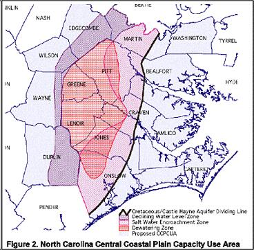 Map of NC counties showing Central Coastal Plain Capacity Use Areas