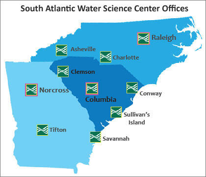 Map of office locations for the South Atlantic Water Science Center