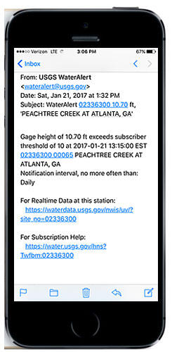 USGS WaterAlert: Example of output message on a smartphone.