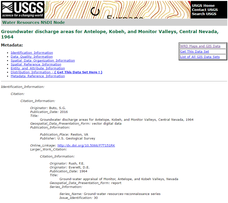 Screen shot of NSDI node for Nevada Ground-water resources-reconnaissance series 30