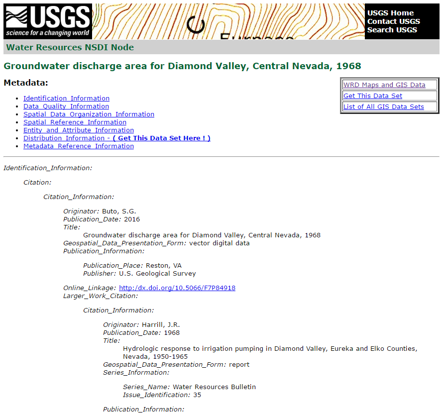 Screen shot of NSDI node for Nevada Water Resources Bulletin 35