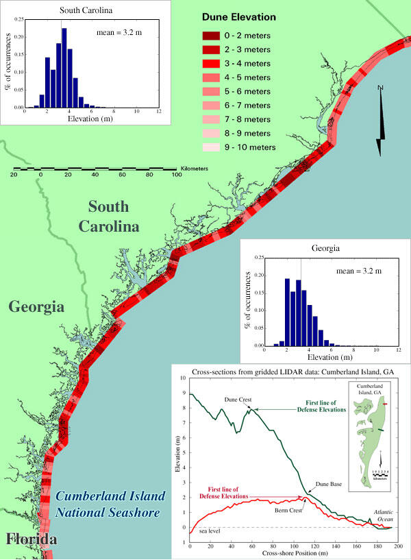 Map of dune elevation for coastal South Carolina and Georgia