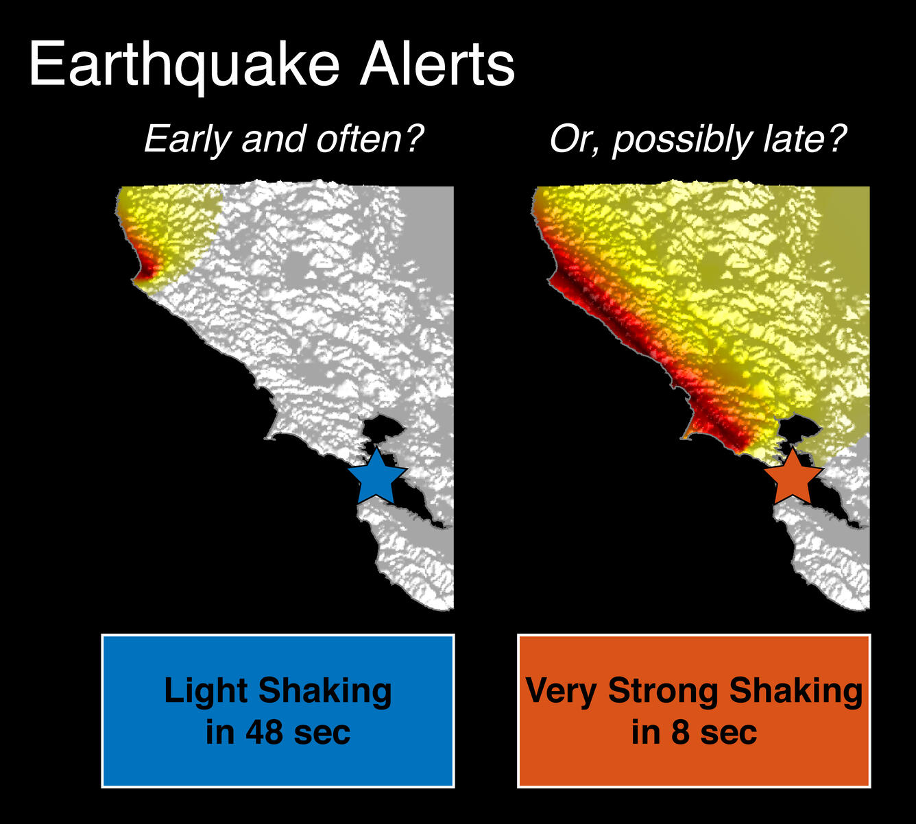 chart with 2 maps of SF Bay Area, illustrating quake warning possibilities