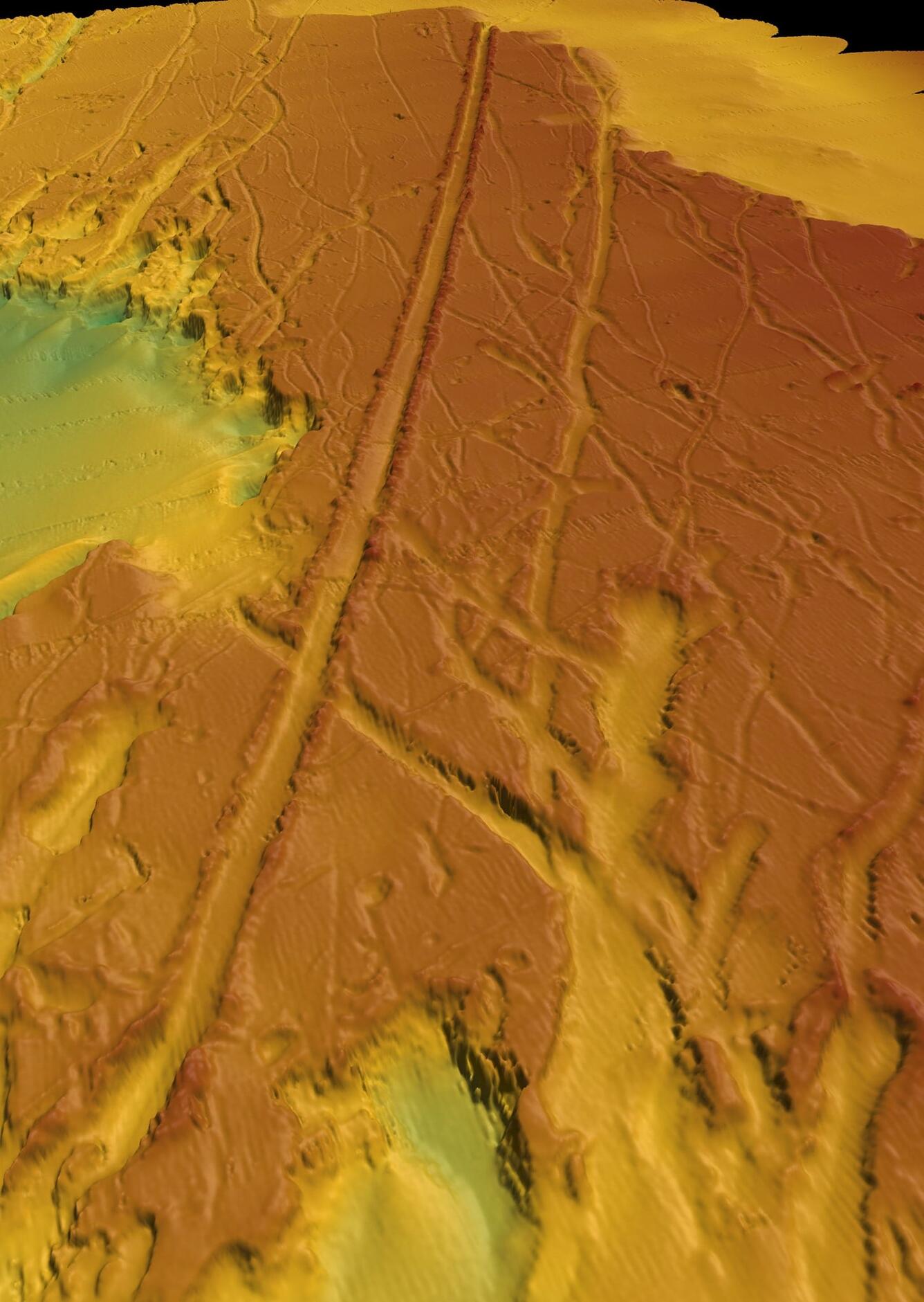 Illustration shows big grooves and other features on the seafloor.