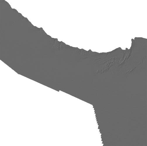 A small piece of a map of the seafloor off a coast.