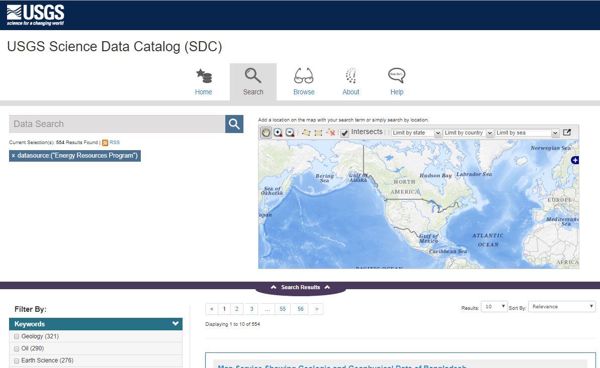 Image of the USGS Science Data Catalog Search Interface
