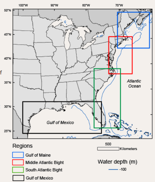 Map showing the Gulf of Maine, Middle Atlantic Bight, South Atlantic Bight, and Gulf of Mexico regions