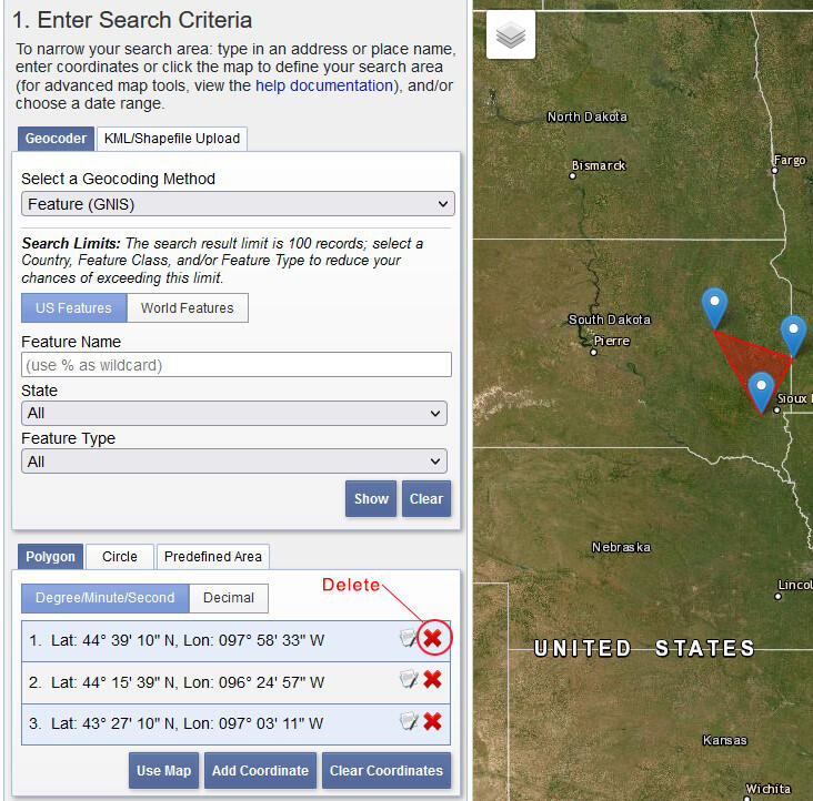 HDDS screenshot of the search criteria to use to get data results.