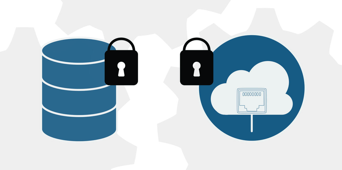 Clipart: secured database with lock and secured cloud (for cloud hosting) with lock.