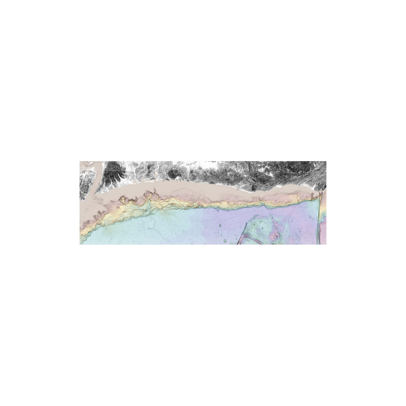Image of the seafloor showing its features like channels cut into the shelf, and fault lines.
