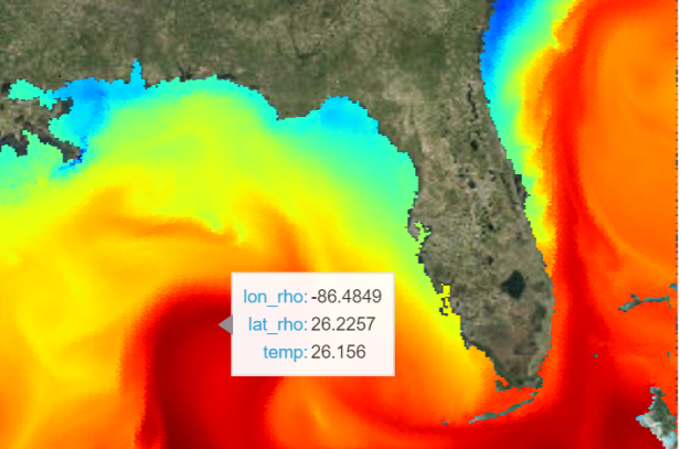 Image of COAWST forecast temperature model output visualization for the Gulf of Mexico