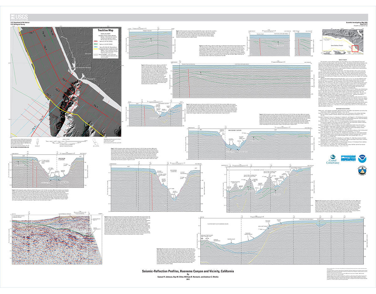 Collage of maps and cross-sectional profiles that reveal the sediment character and structure of the earth's crust.