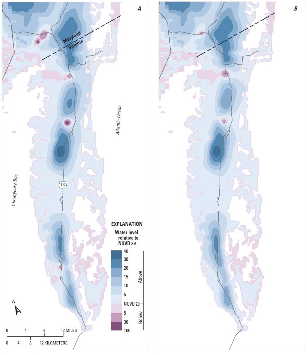 Model-simulated water levels in the upper Yorktown-Eastover aquifer of the Eastern Shore of Virginia.