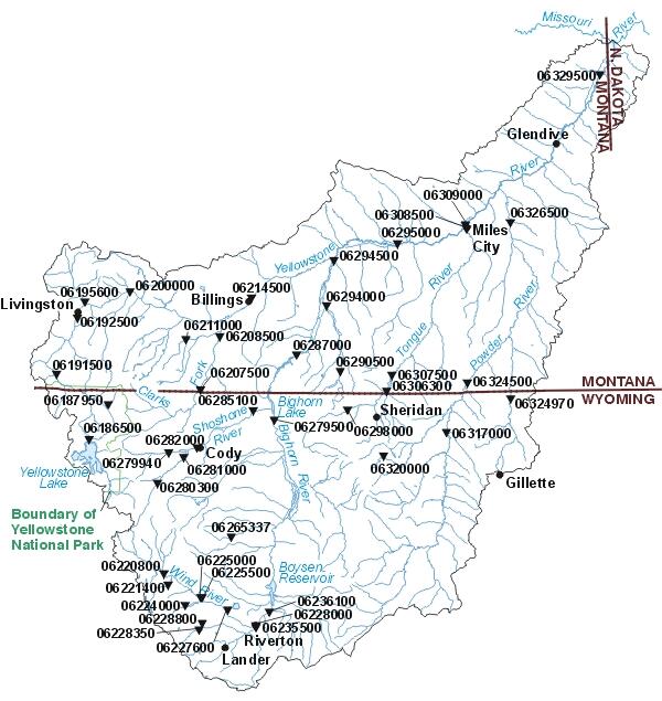 Yellowstone River Basin Water-Quality Assessment Streamflow-Gaging Stations map