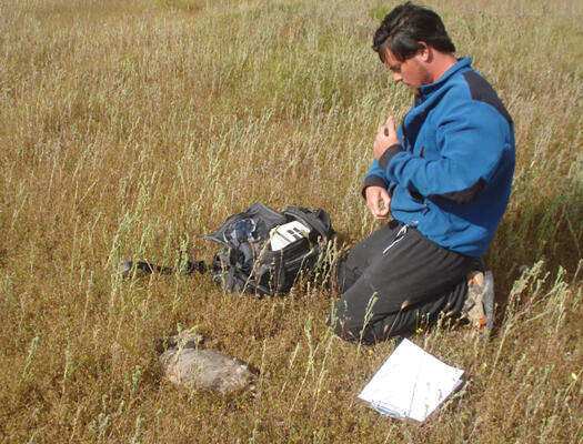 Diego Johnson approaches a pronghorn fawn