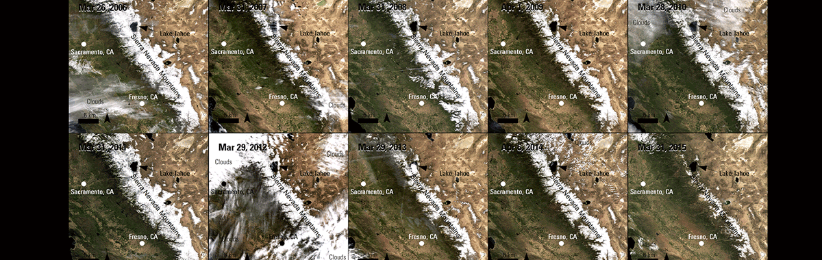 Terra MODIS true-color surface reflectance images of the Sierra Nevada Mountains, 2006-2015