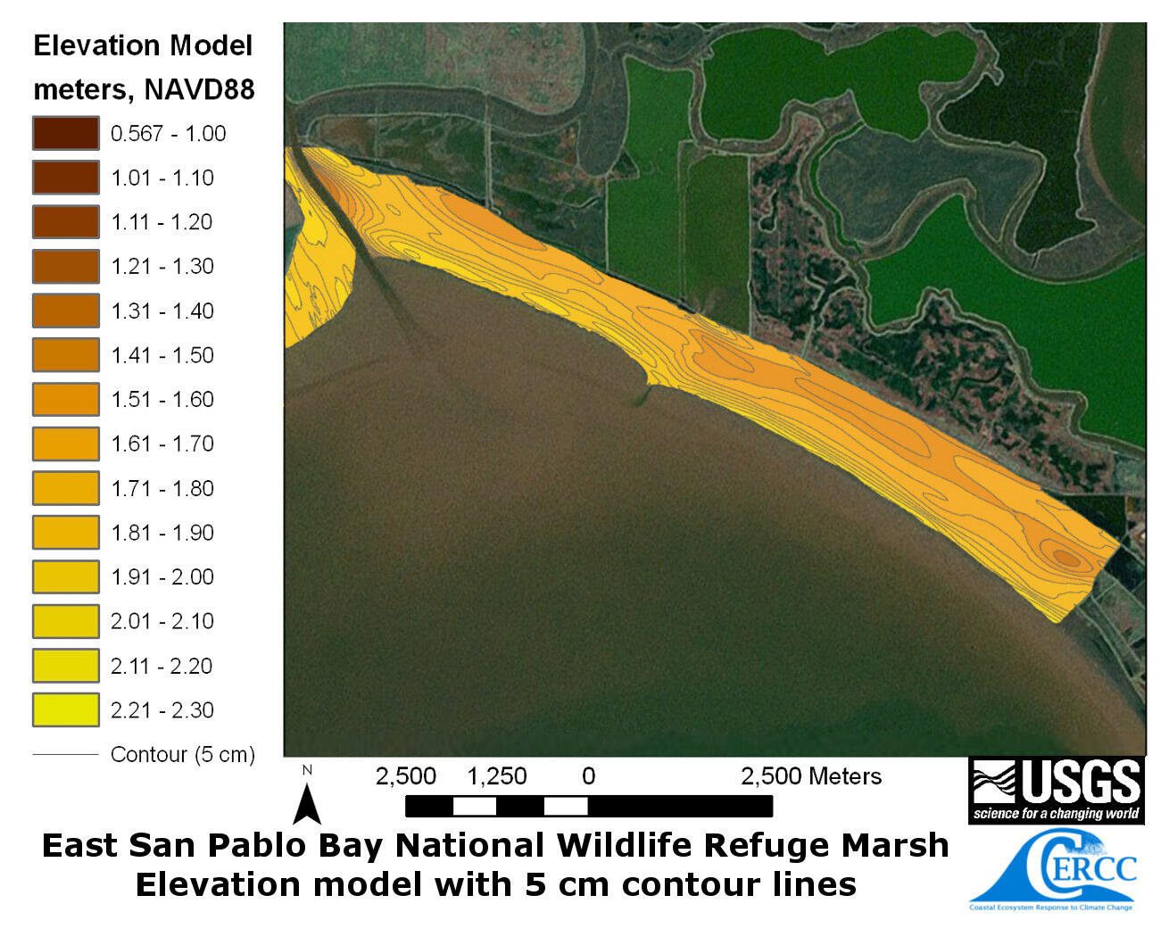 WERC Map of the derived elevation data at the East San Pablo Bay Marsh with 2 cm contour lines