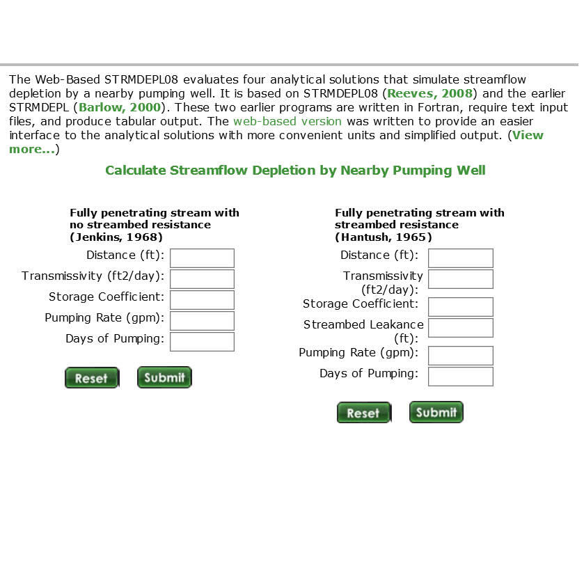 Data entry for Calculate Streamflow Depletion by Nearby Pumping Well
