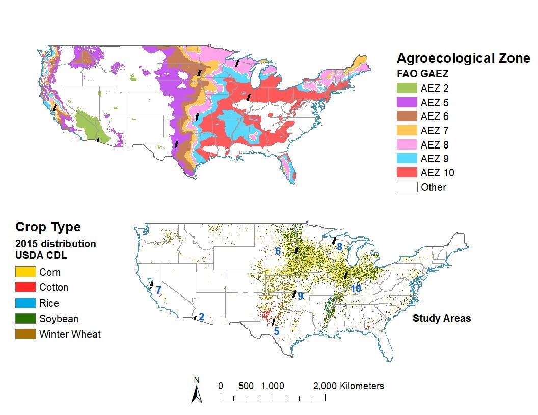 Study areas throughout the US in various agroecological zones
