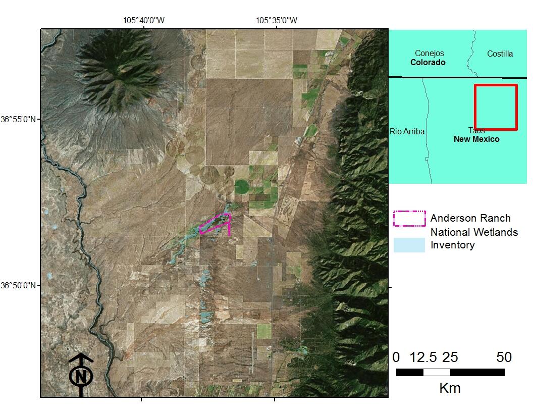 Map of study area including the location of the Anderson Ranch property and the National Wetlands Inventory