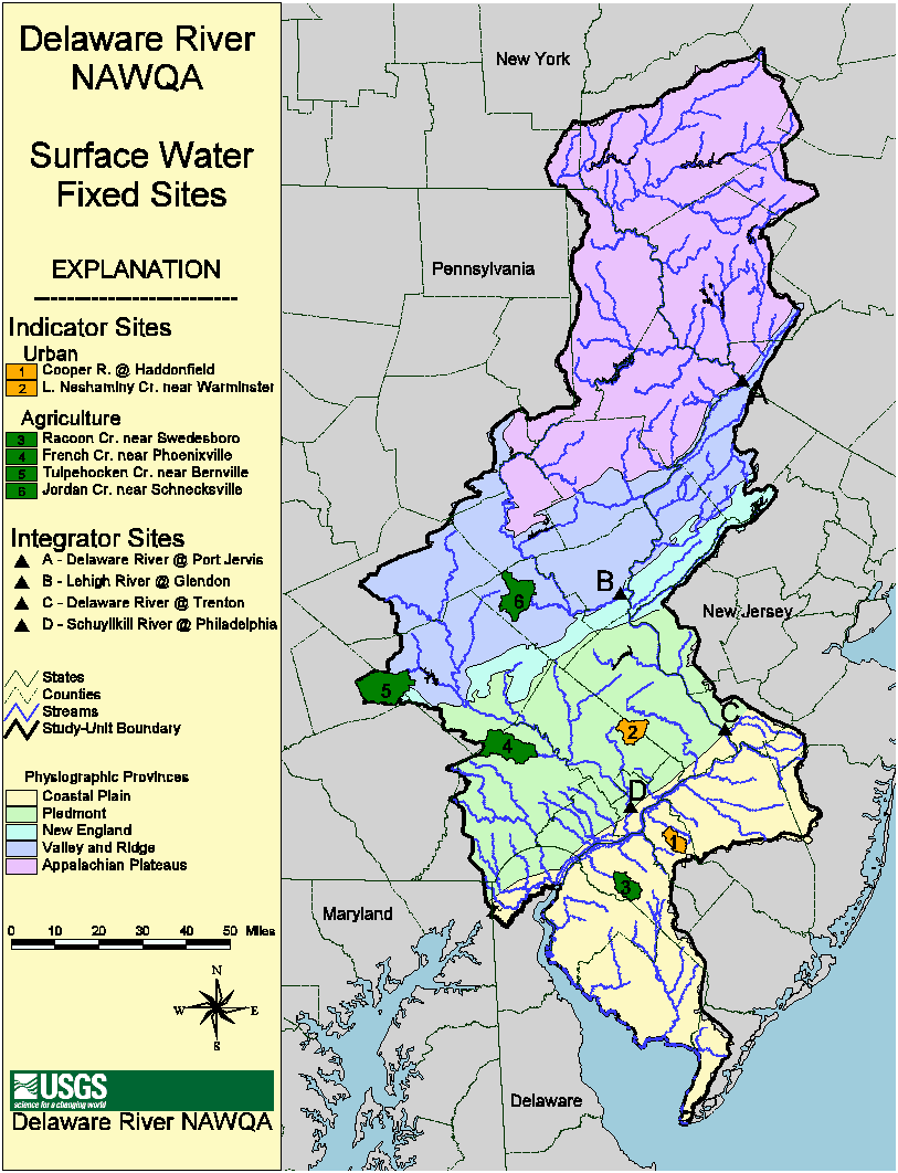 Map of Delaware River basin Surface Water Sites