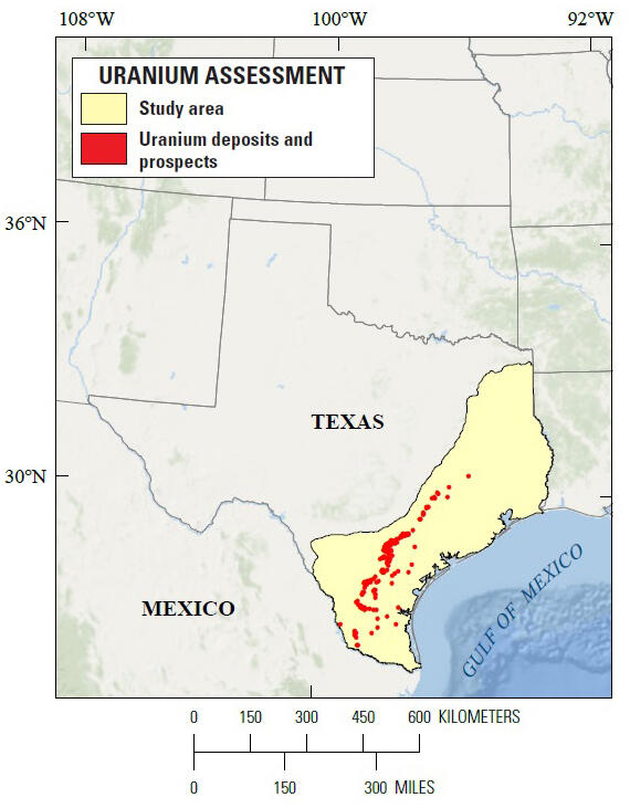 Map showing multiple areas in southwest texax with uranimum deposits and prospects