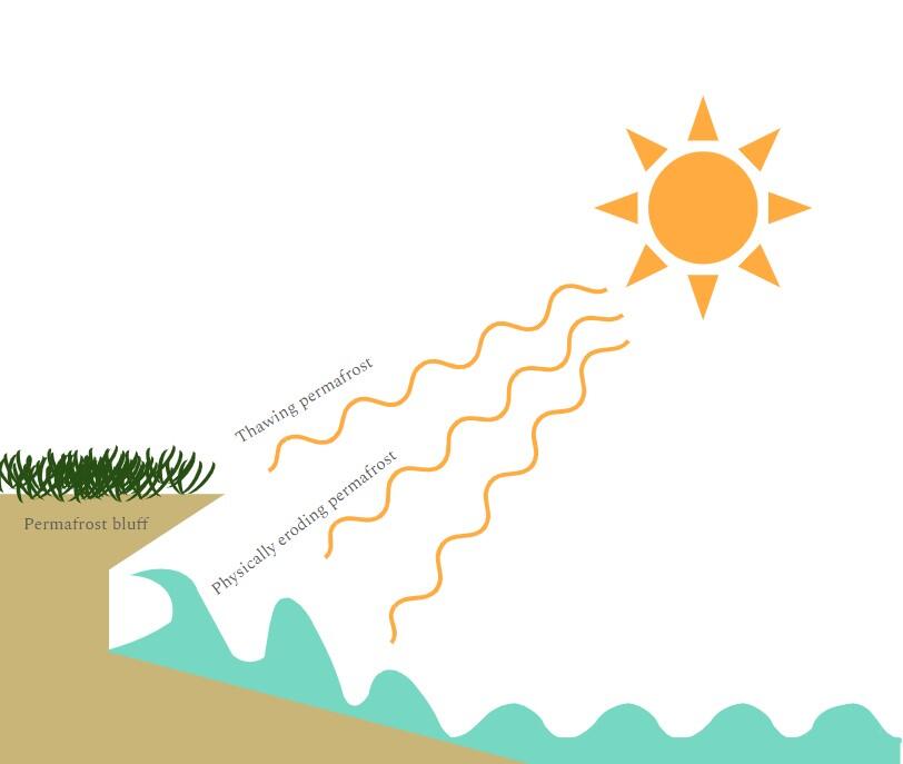 Graphic showing how solar energy thaws permafrost and waves physically erode permafrost. 