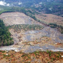 Photograph showing the February 22, 2014, debris avalanche flow that killed 43 people and destroyed a residential neighborhood.