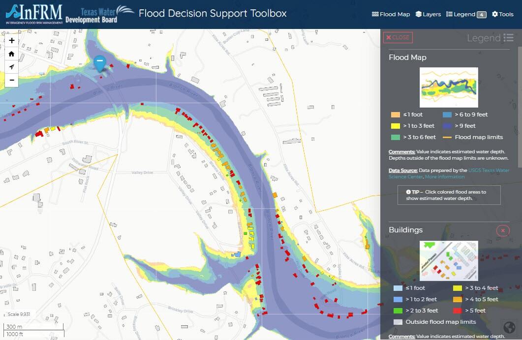 Zoomed in view of web map showing river, streets, structure outlines, and estimated flooding levels