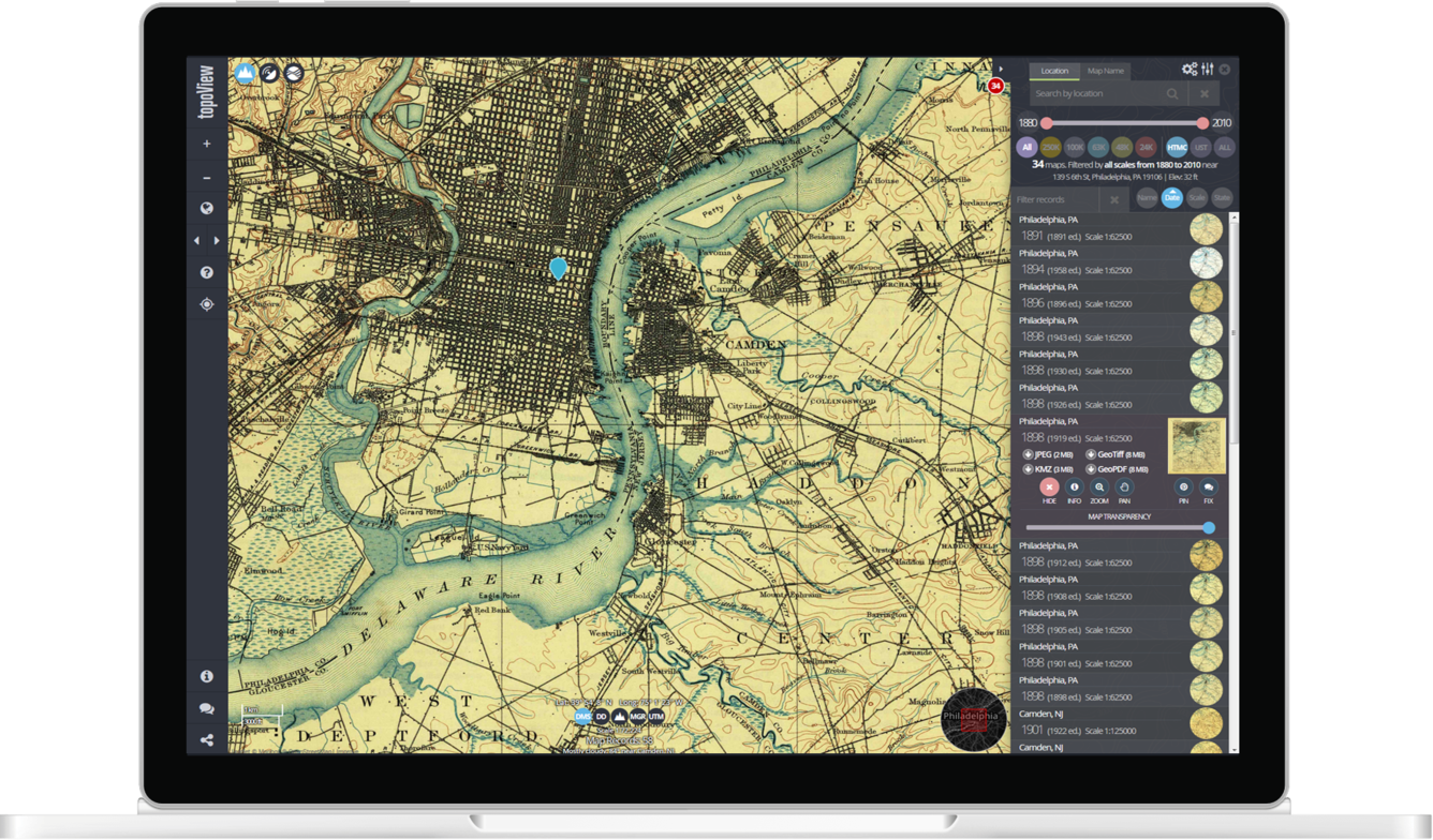 Screen shot of topoView featuring Philadelphia 1888