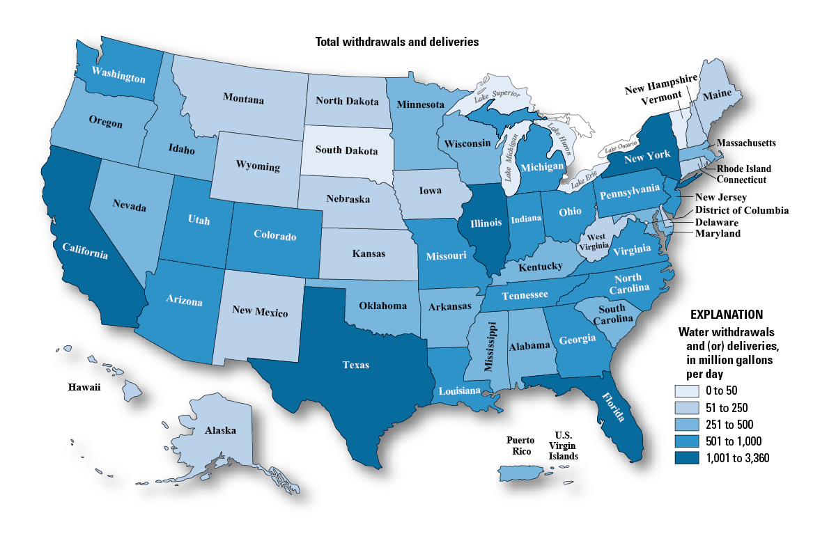 Map of total domestic withdrawals and deliveries by State, 2015