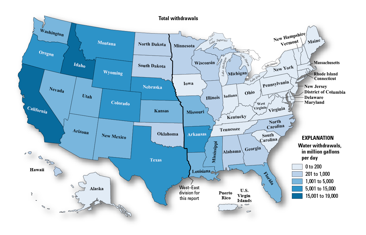 Map of total irrigation withdrawals by source and State, 2015