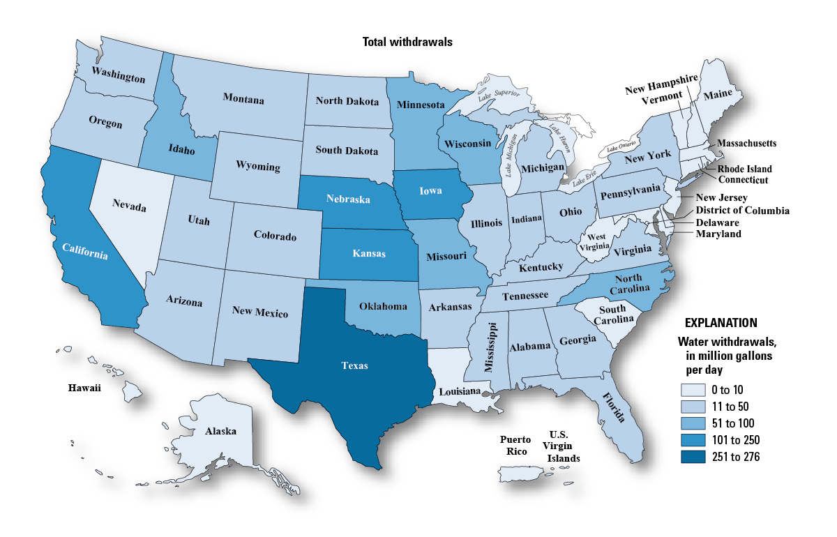 Map of total livestock withdrawals by source and State, 2015