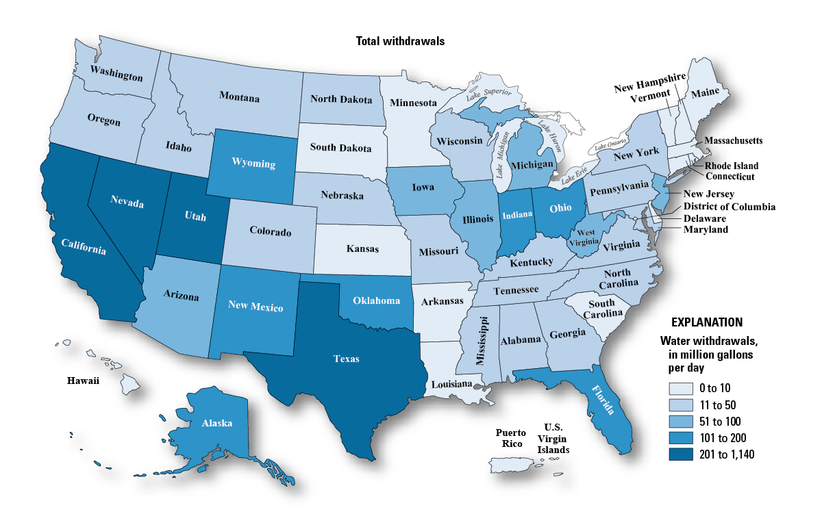 Map of total mining withdrawals by water quality and State, 2015