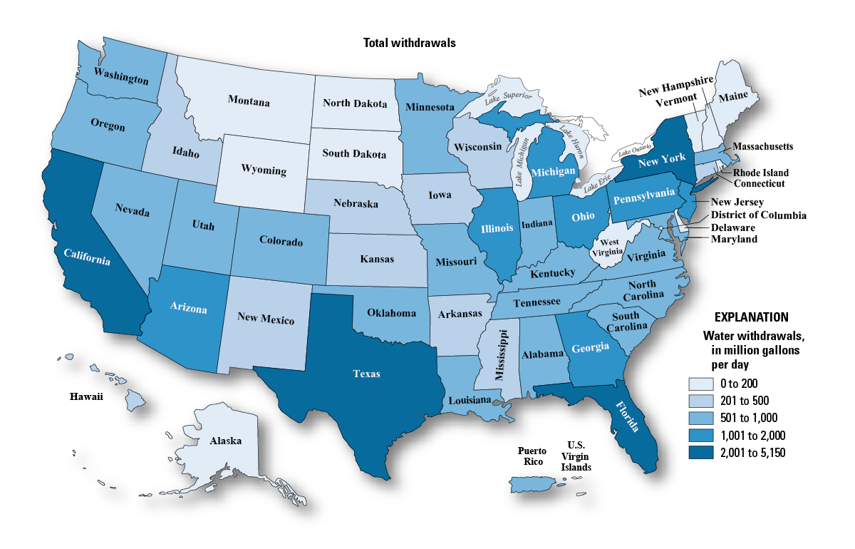 Map of total public-supply withdrawals by source and State, 2015
