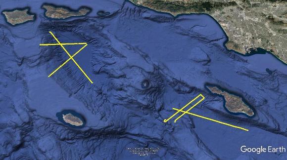 Map shows an area of the ocean near land, with lines drawn on it to show where we collected data from a ship.