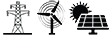Transmission line, wind energy, and solar energy icons